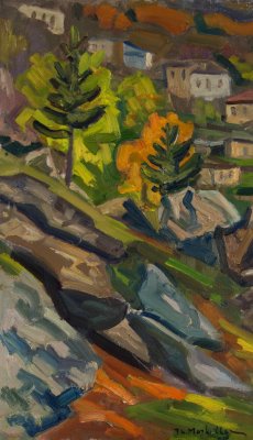 Makrinitsa Autumn Facing Upward — Oil painting, Fiberboard, 27.00×46.00cm — Theodoros Markellos